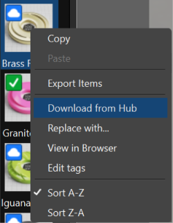 Context menu; downloading assets from KeyShot Hub to KeyShot Studio